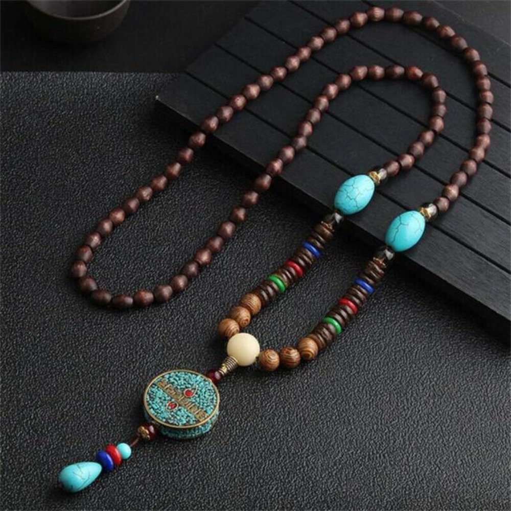 Vintage Handmade Nepal Buddhist Mala Wood Beaded Pendant Necklace Bohemian Boho
